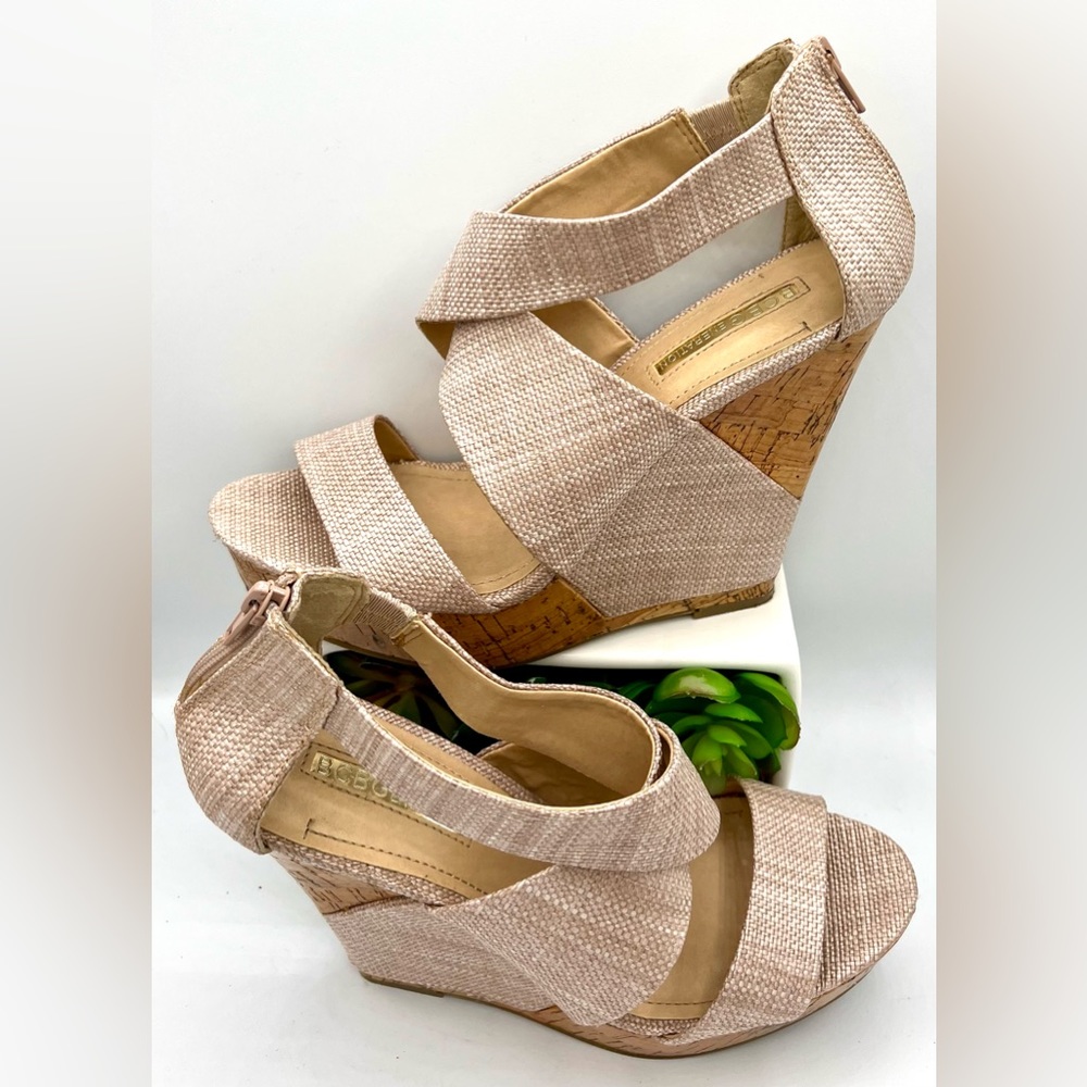 🌺BCBGeneration | Extra High Rando Zip Up Cream Platform Cork Wedge Heels🌸🌺